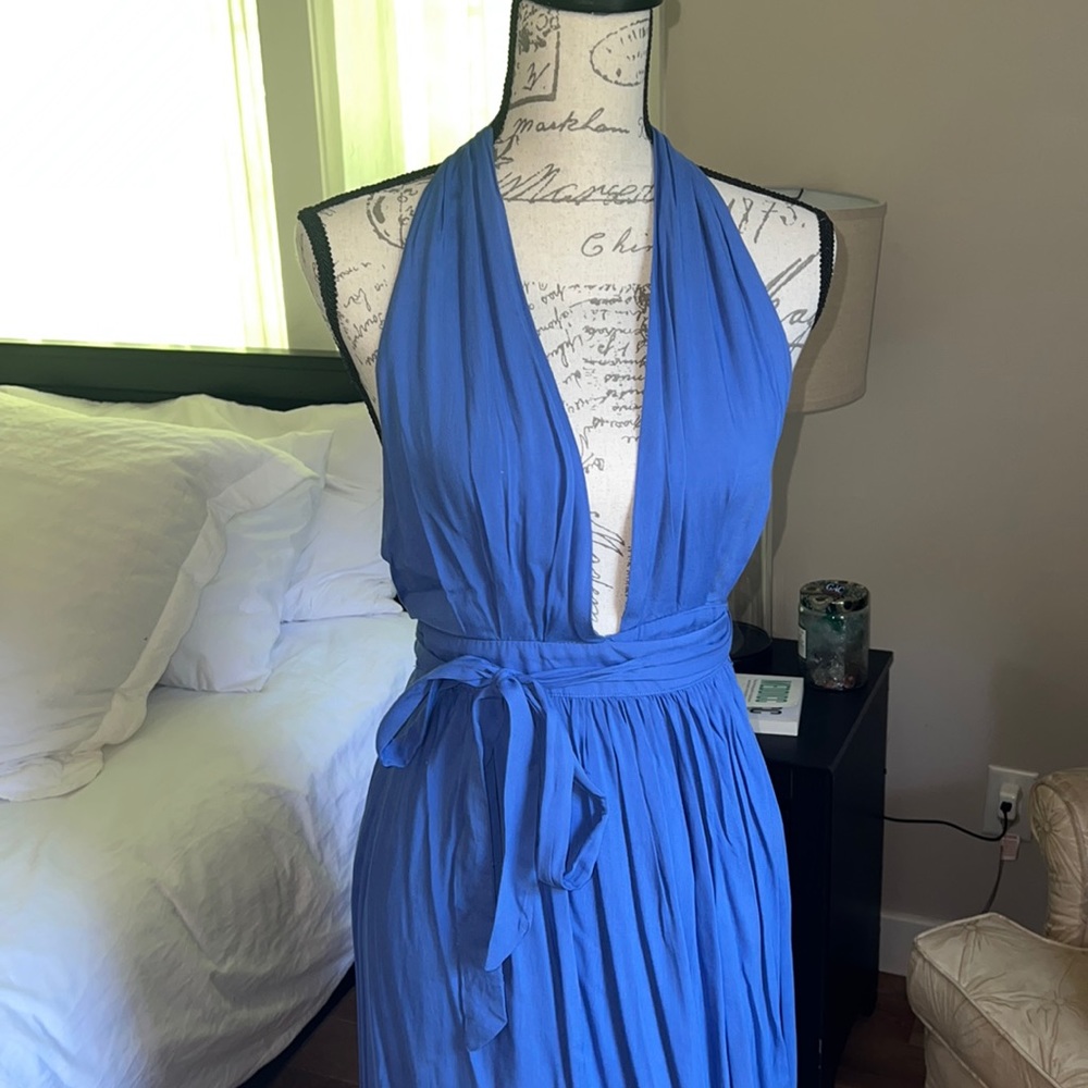 Lulu's Blue Wrap Backless Maxi Dress
